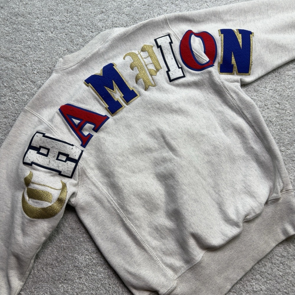 Champion Reverse Weave Crewneck Sweatshirt XS Gray Gold Multicolor Spellout